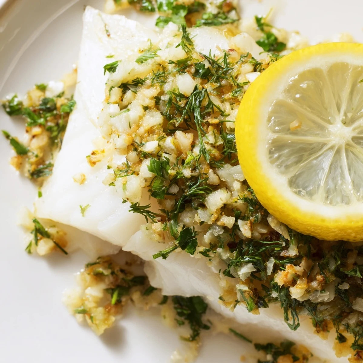 Freshly baked Baked Cod with Herbs and Lemon next to steamed vegetables and a glass of white wine.