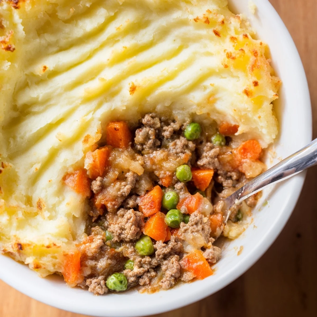 A hearty slice of Beef Shepherds Pie with Peas reveals layers of tender beef and sweet green peas.