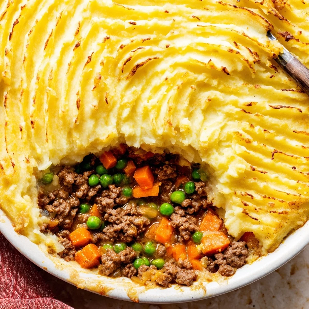 Freshly baked Beef Shepherds Pie with Peas is served hot in a casserole dish, ready for a family dinner.