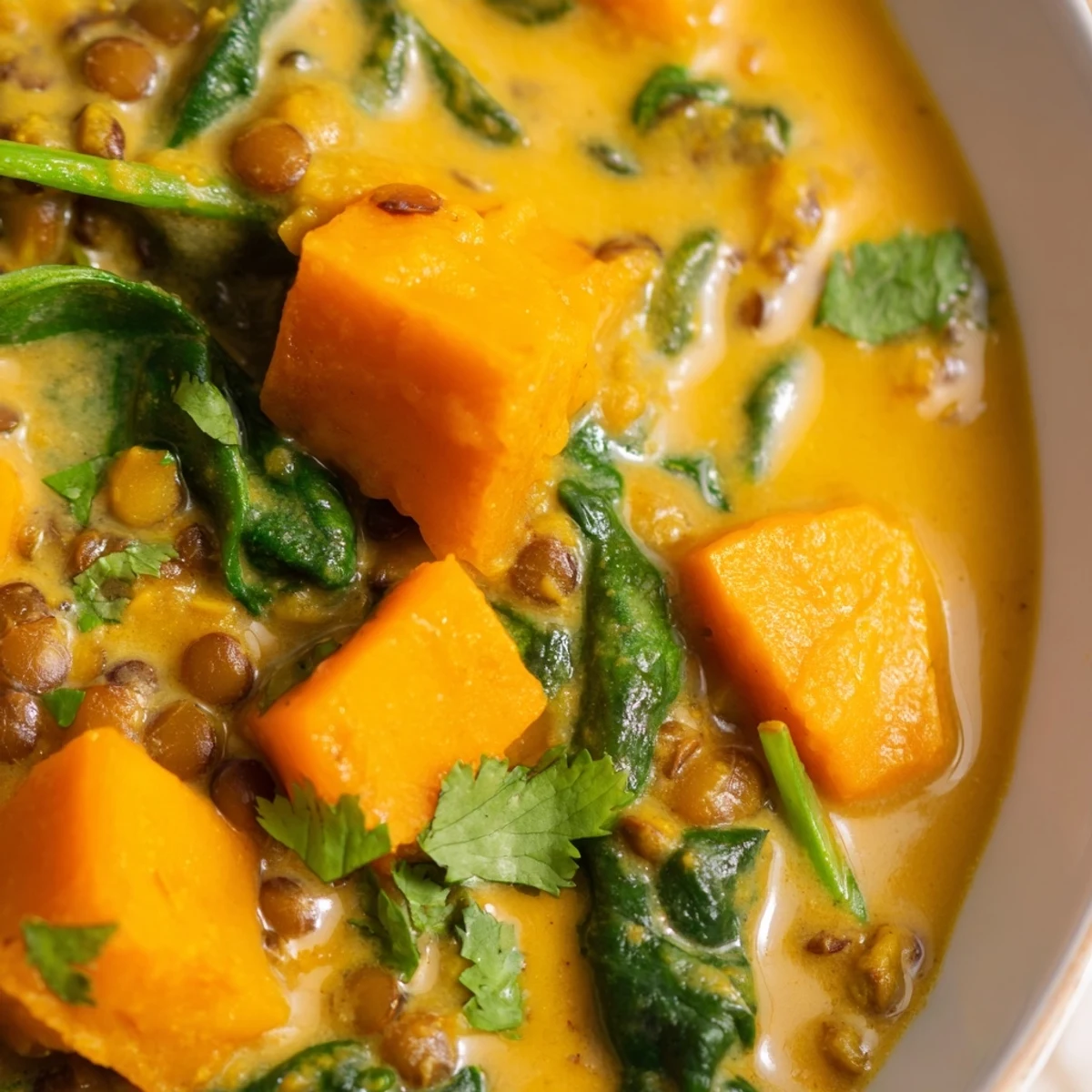 Steaming Butternut Squash and Lentil Curry served in a rustic bowl, garnished with fresh cilantro and lime wedges for a zesty finish.