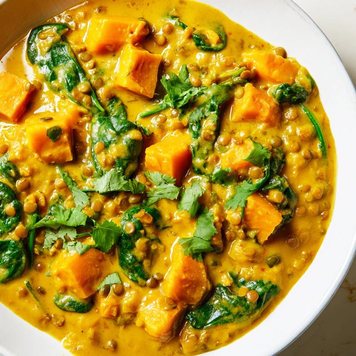 Tender cubes of butternut squash and red lentils in a golden spiced coconut curry, simmered to perfection for a hearty, comforting meal.