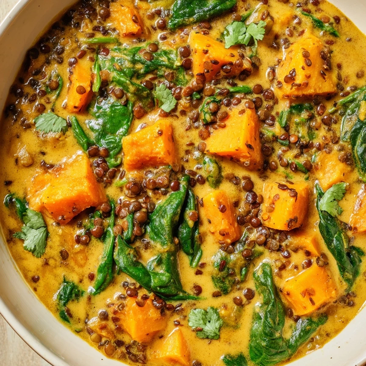 A vibrant bowl of Butternut Squash and Lentil Curry topped with cilantro, ready to be enjoyed with fluffy basmati rice or warm naan.