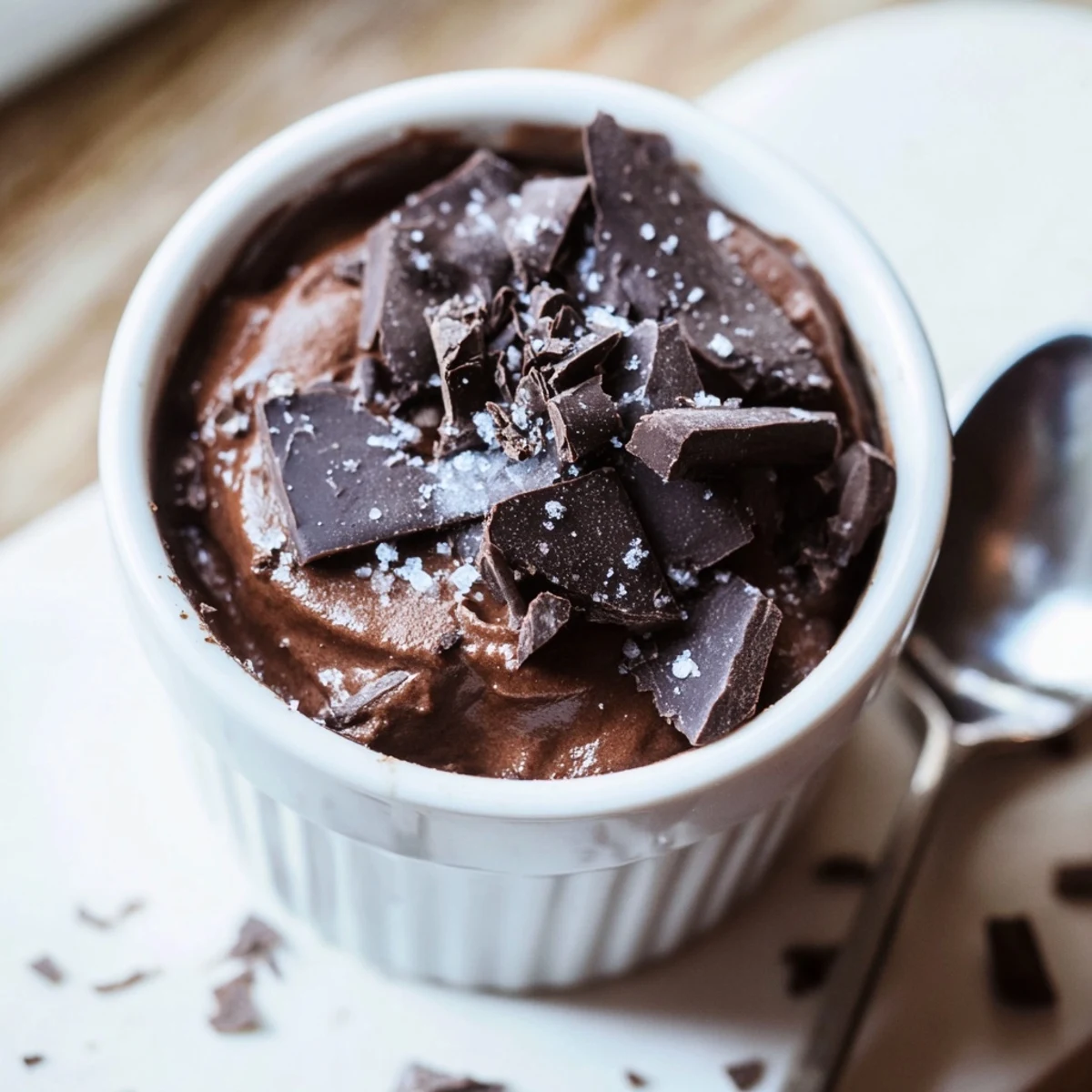 A spoon dips into creamy Dark Chocolate Mousse with Sea Salt, revealing a rich chocolate dessert for a dinner party.