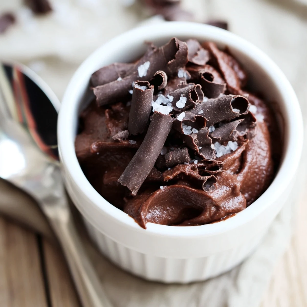 Close-up of Dark Chocolate Mousse with Sea Salt in a white ramekin, garnished with flaky salt and chocolate curls.
