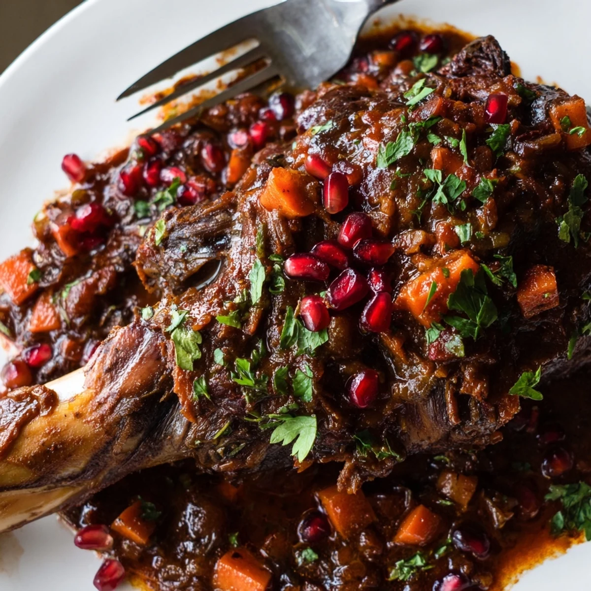 Slow-braised Lamb Shanks with Pomegranate Molasses glistening with a thick, rich red sauce.