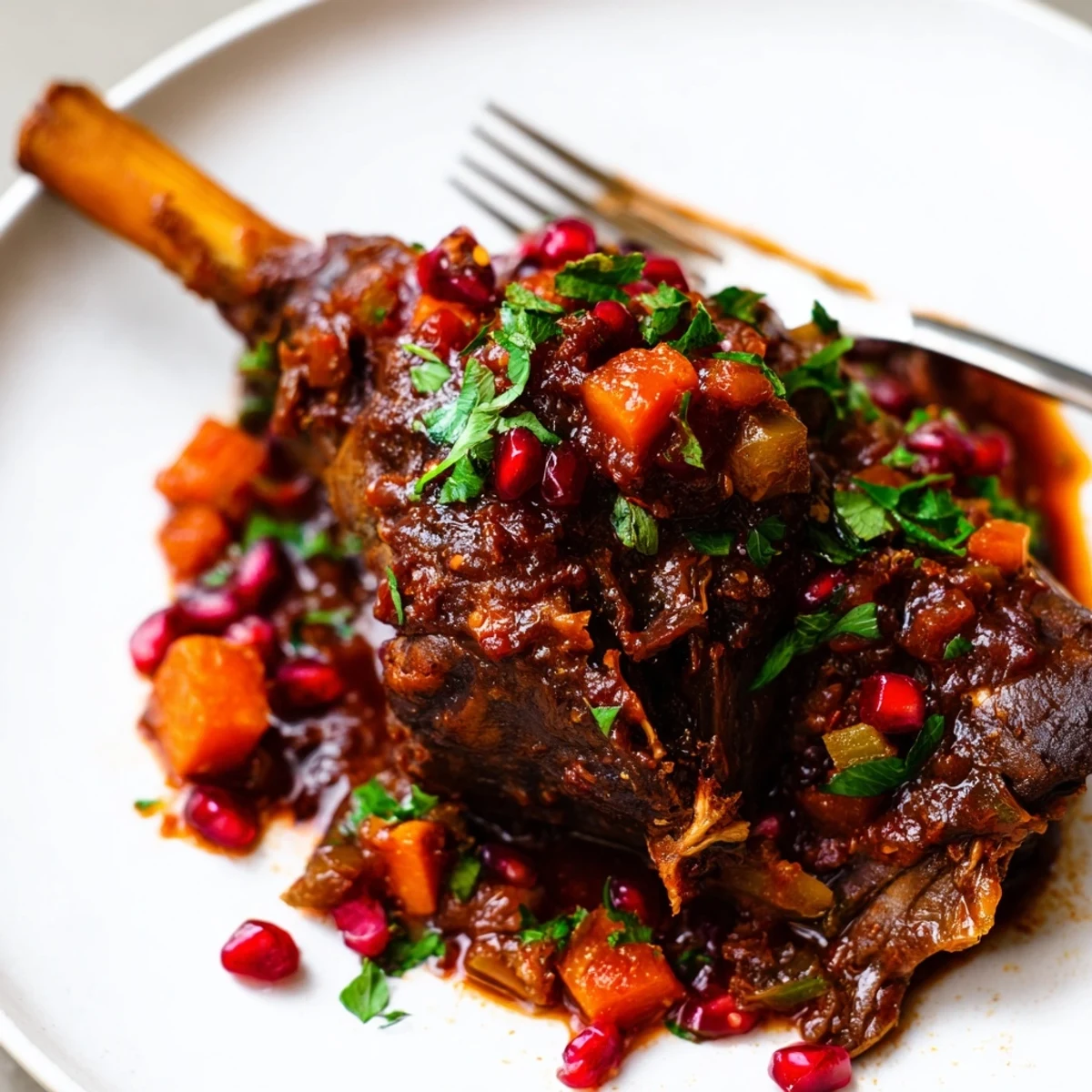 Fork-tender Lamb Shanks with Pomegranate Molasses braised in a heavy pot with aromatic spices.