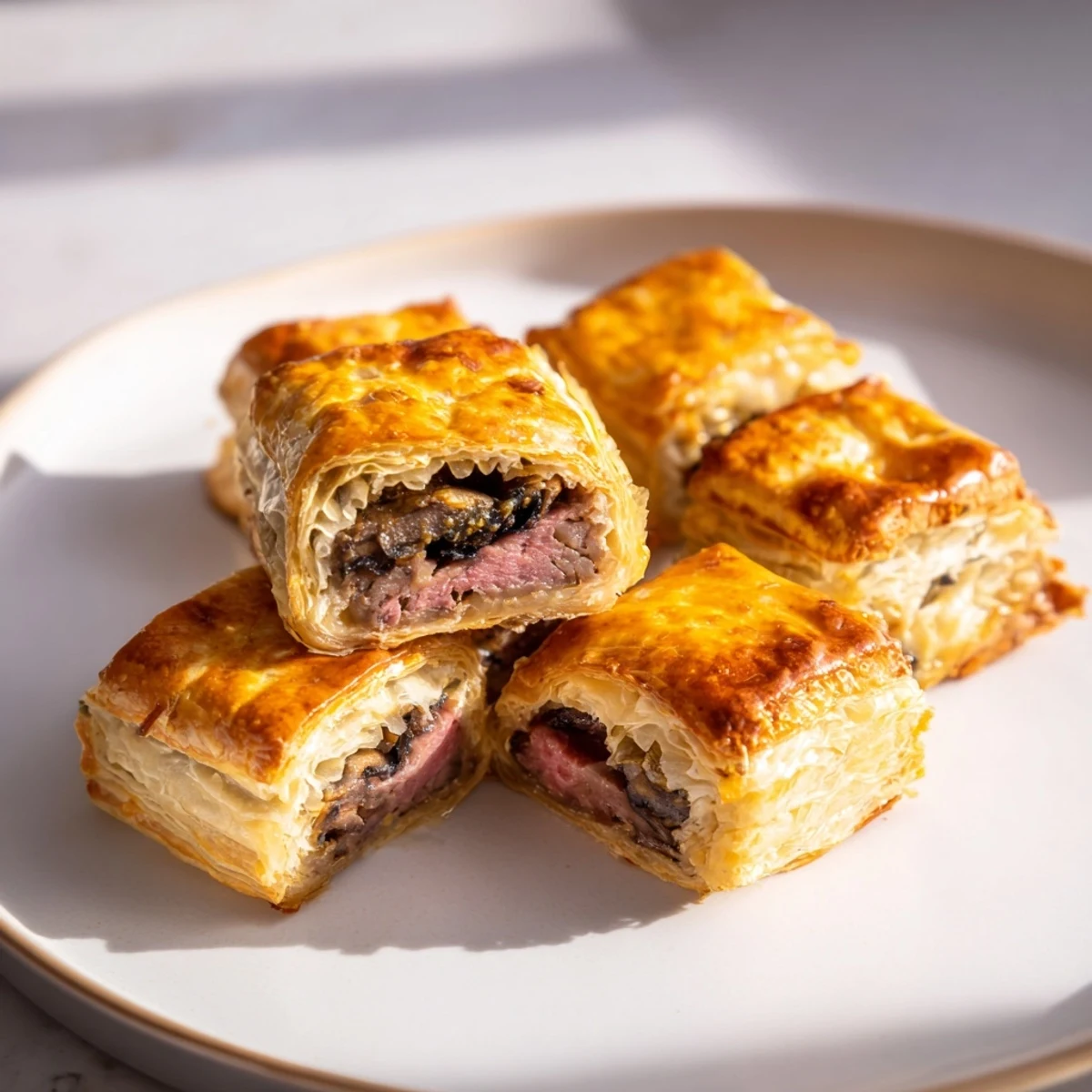 Golden, flaky Beef Wellington Bites with mushrooms and prosciutto on a rustic wooden board.