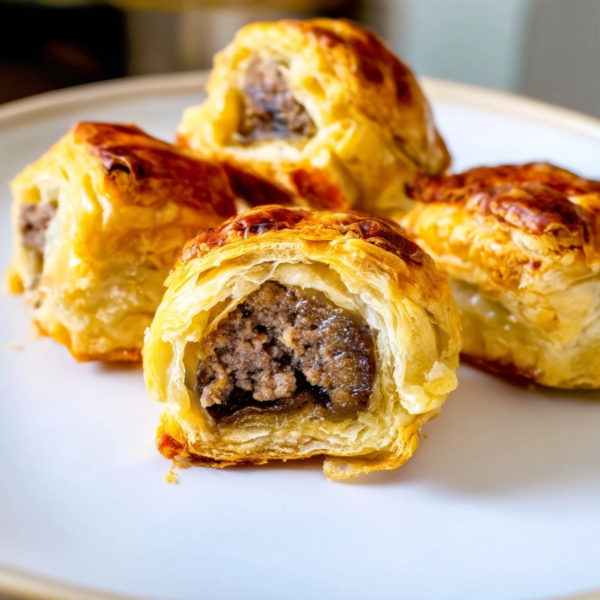 Savory Beef Wellington Bites served with a small bowl of tangy Dijon mustard dip.