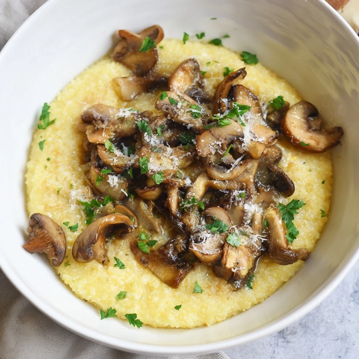 Creamy Polenta with Roasted Mushrooms plated beside a crisp green salad for a balanced vegetarian meal.
