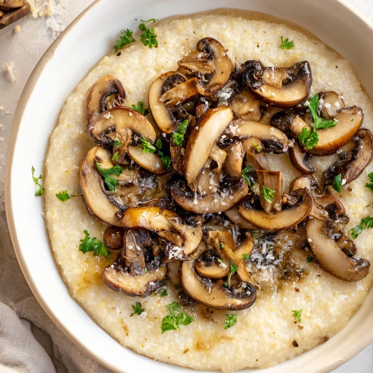 A steaming bowl of Creamy Polenta with Roasted Mushrooms topped with golden herbs and extra Parmesan.