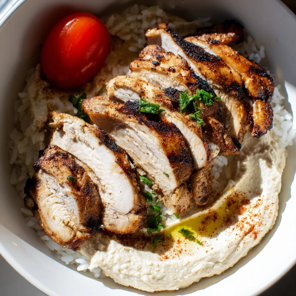 Freshly grilled, spiced chicken slices rest on fluffy basmati rice with creamy hummus and crisp cucumbers in a vibrant Chicken Shawarma Bowl.