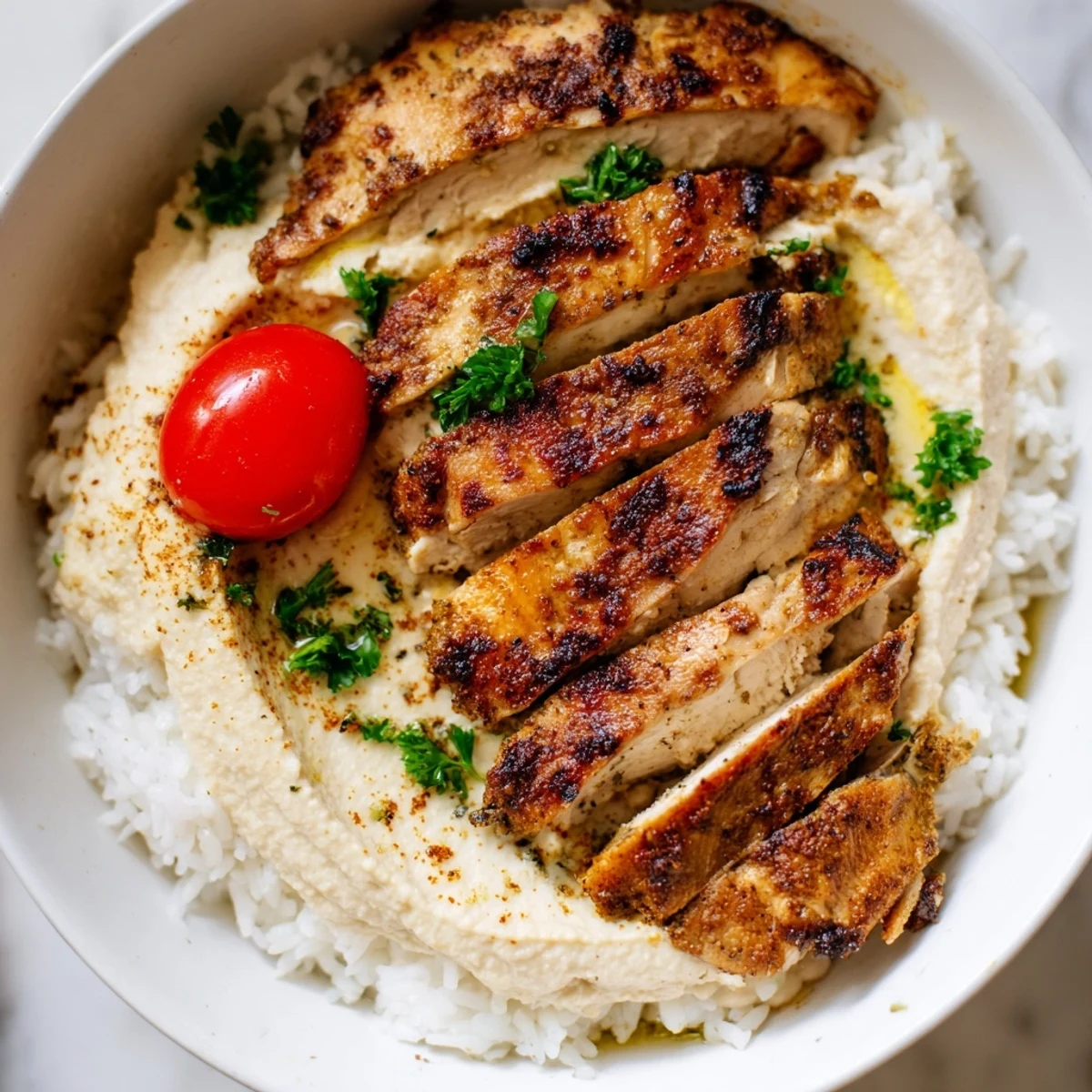 A hearty, protein-packed Chicken Shawarma Bowl with golden chicken, creamy hummus, and fresh greens, perfect for a healthy weeknight meal.