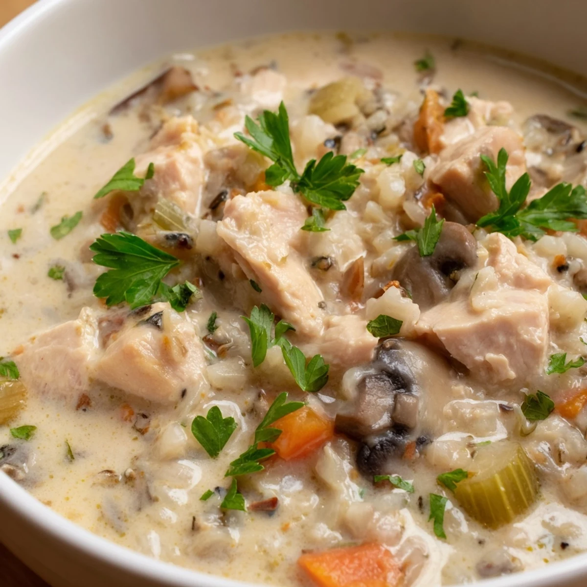 Steaming bowl of Turkey and Wild Rice Soup with tender turkey and colorful vegetables.