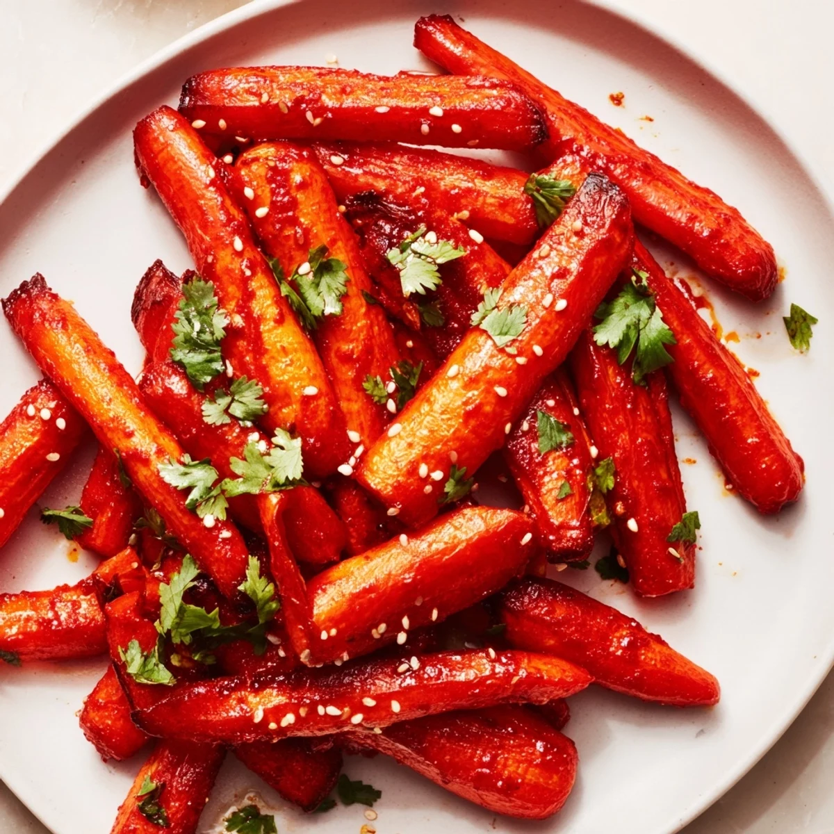 Spicy Harissa Roasted Carrots glistening with a smoky-sweet glaze, finished with fresh cilantro and sesame seeds for a vibrant side dish.