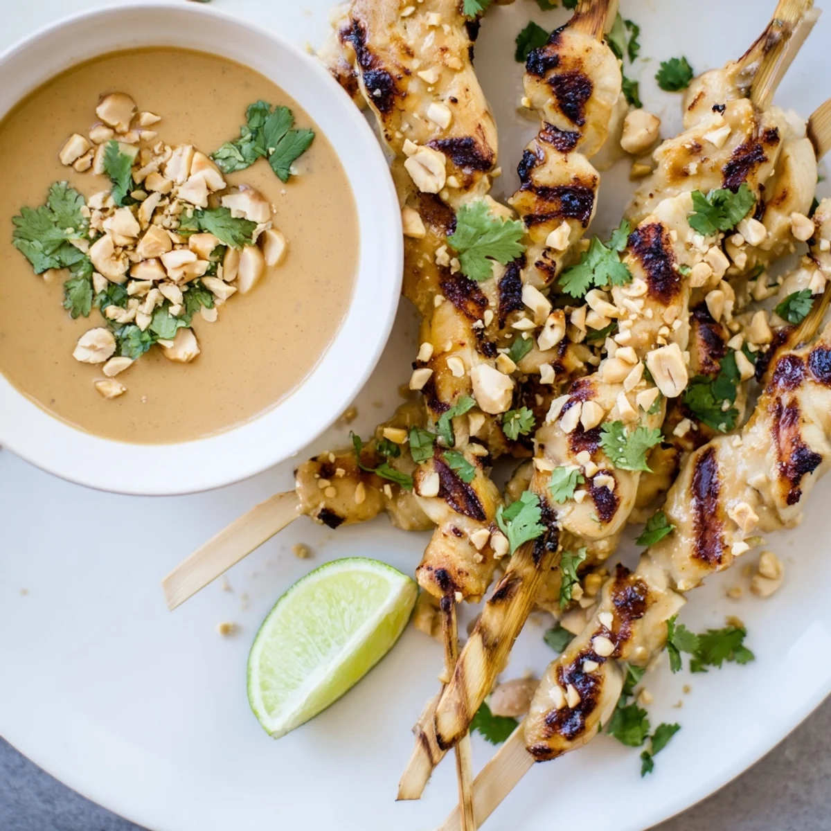 Golden-brown grilled Chicken Satay Skewers with Peanut Sauce on a plate, garnished with fresh cilantro and lime wedges.