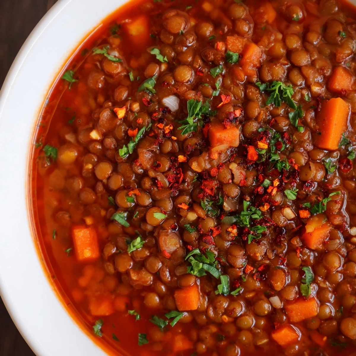 Thick, hearty Spicy Lentil Soup with Carrots and Celery served in a rustic bowl next to crusty bread.