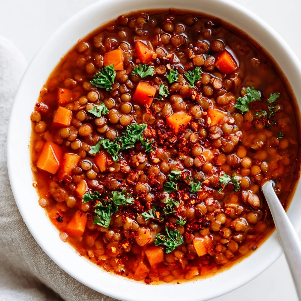 Steaming bowl of Spicy Lentil Soup with Carrots and Celery, garnished with fresh parsley and lemon wedges.