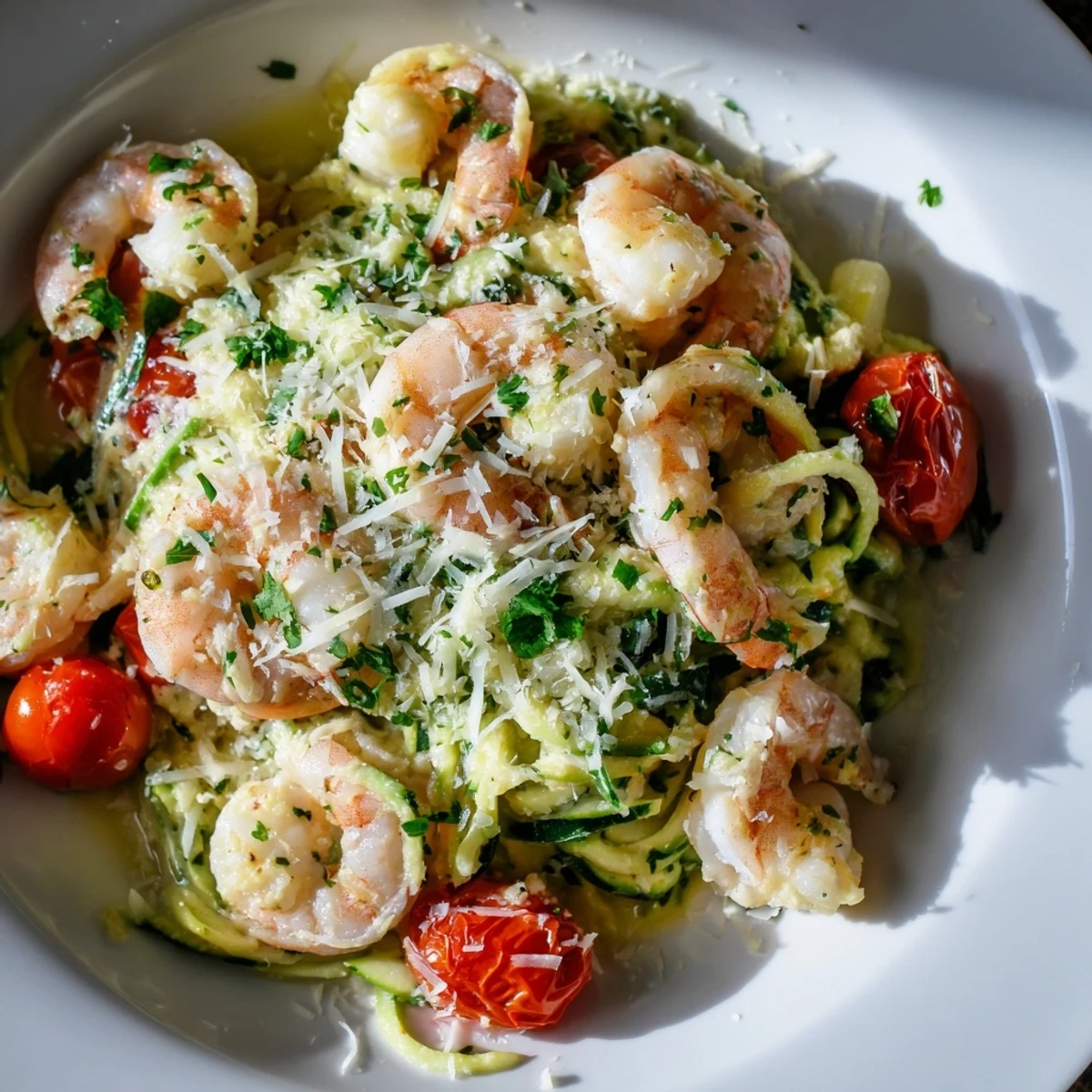 Creamy Garlic Shrimp with Zucchini Noodles served in a skillet with fresh parsley and lemon wedges.