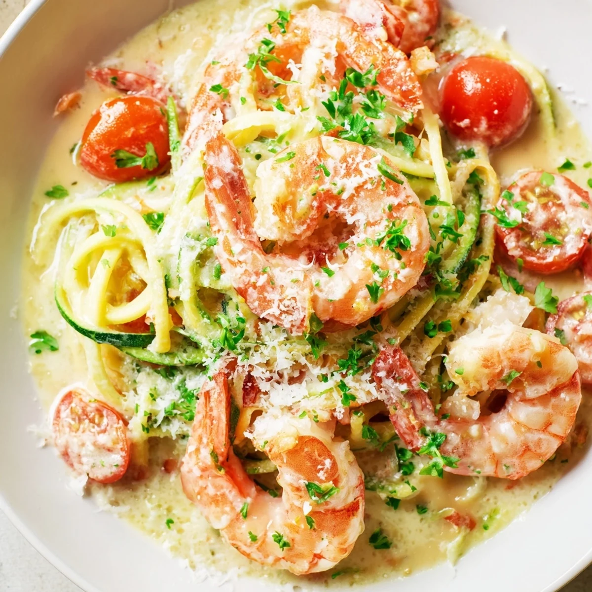 Spiralized zucchini noodles tossed with creamy garlic shrimp, cherry tomatoes, and Parmesan, ready to serve.