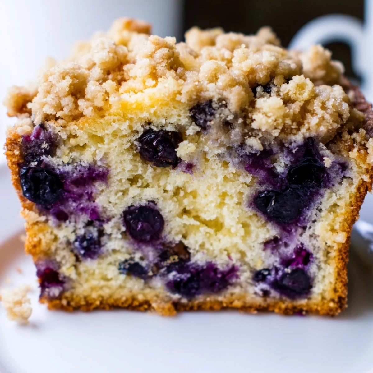 A close-up of freshly baked Lemon Blueberry Bread with Streusel Topping, showcasing juicy berries in a golden loaf.