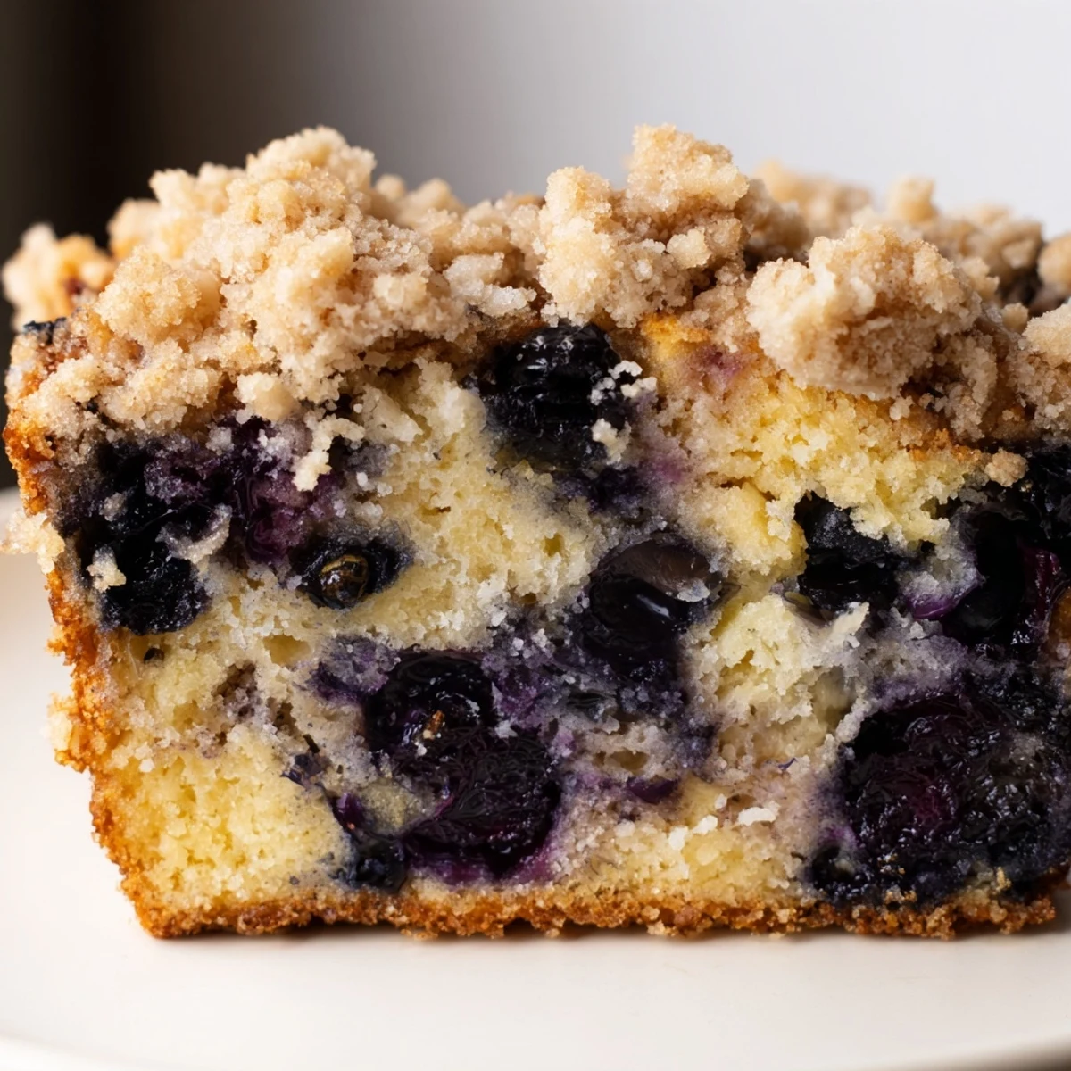 Freshly sliced Lemon Blueberry Bread with Streusel Topping reveals a moist, tender crumb and bright blueberries on a rustic plate.