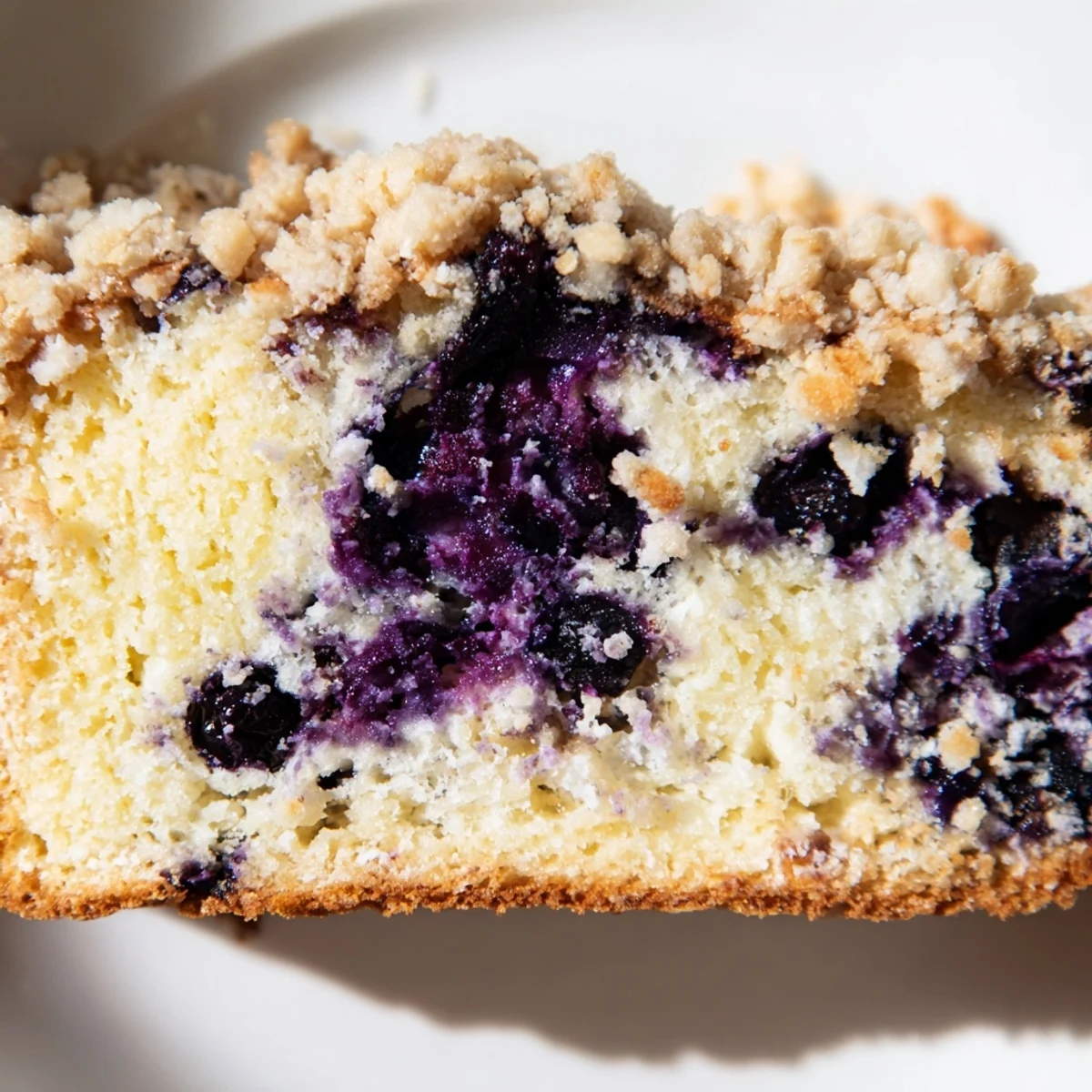 A beautiful loaf of Lemon Blueberry Bread with Streusel Topping dusted with powdered sugar, served alongside a hot cup of coffee.