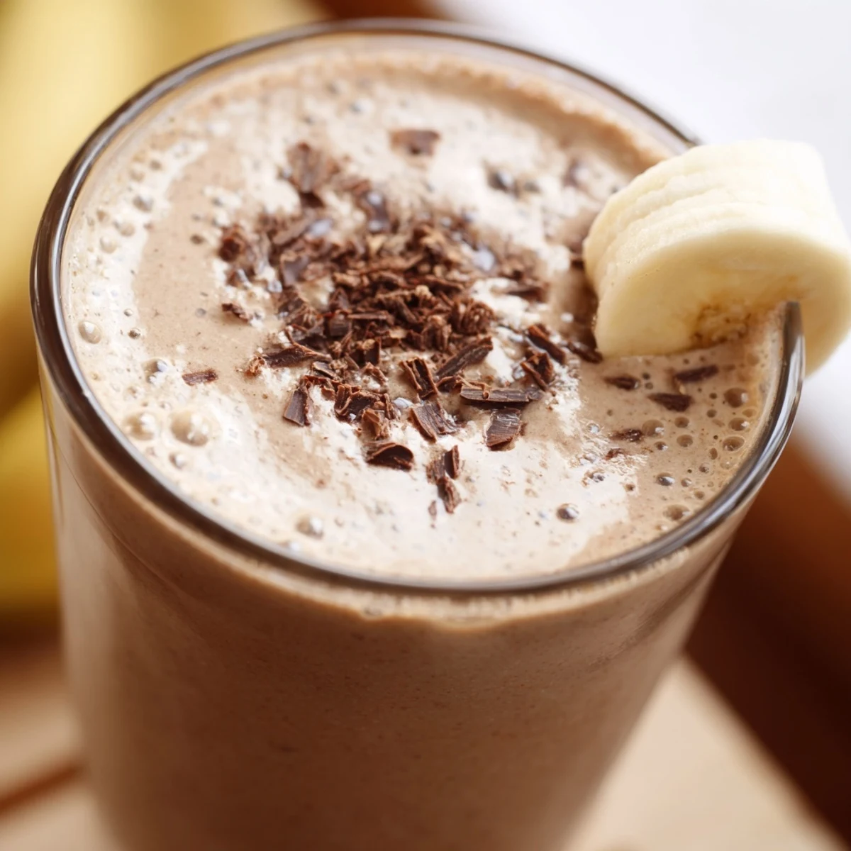 Creamy Chocolate Peanut Butter Smoothie with Banana poured into a chilled glass, topped with shaved chocolate and a banana slice.