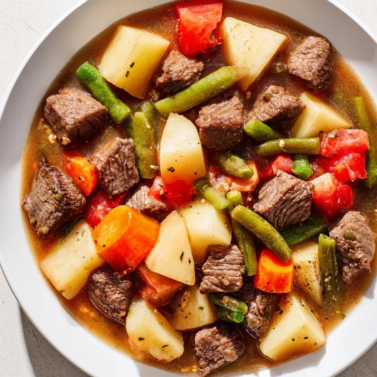 Warm, rustic serving of Beef Vegetable Soup with Potatoes, accompanied by gluten-free bread on a wooden table.