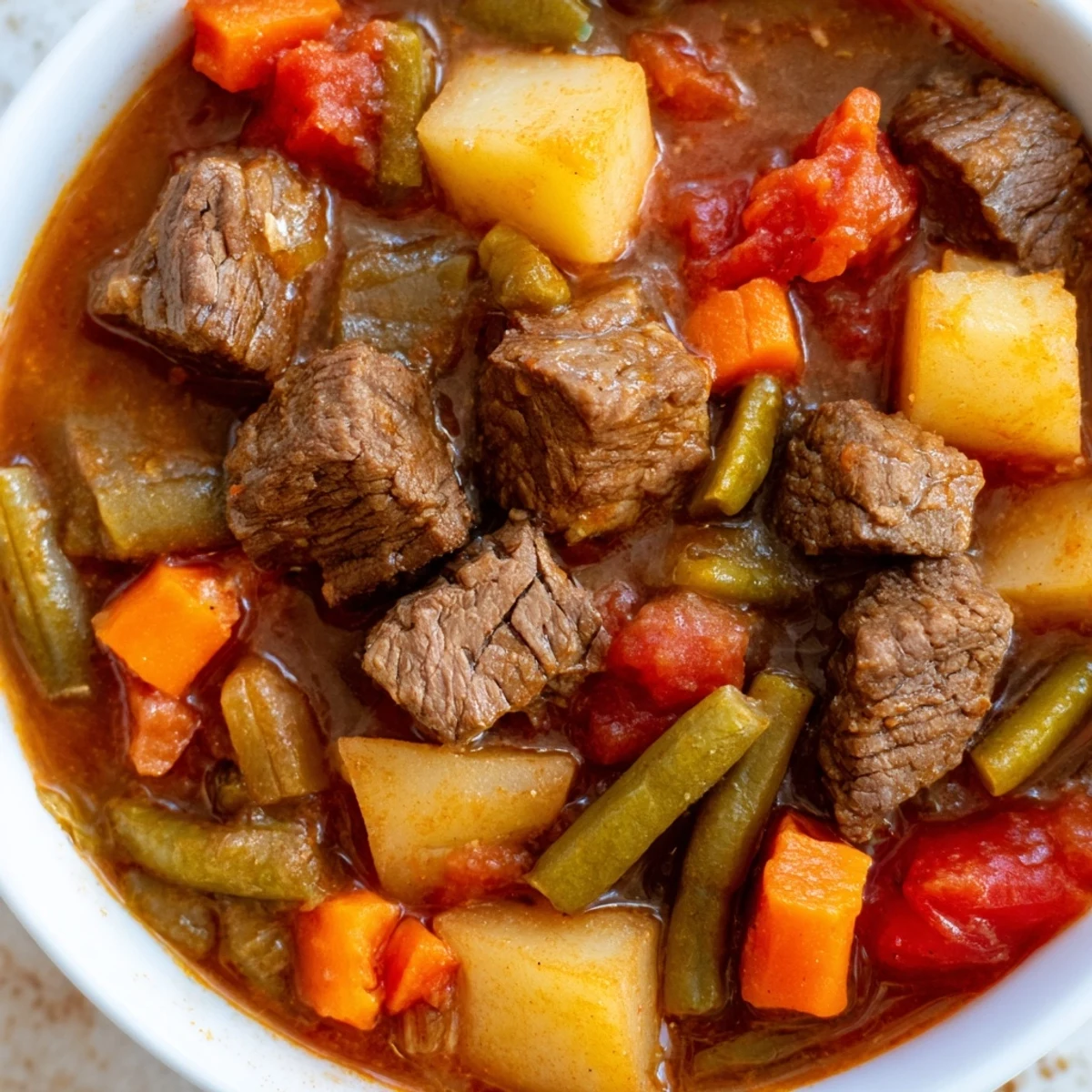 Close-up of tender beef and diced potatoes simmering in savory broth, featuring carrots, celery, and green beans.