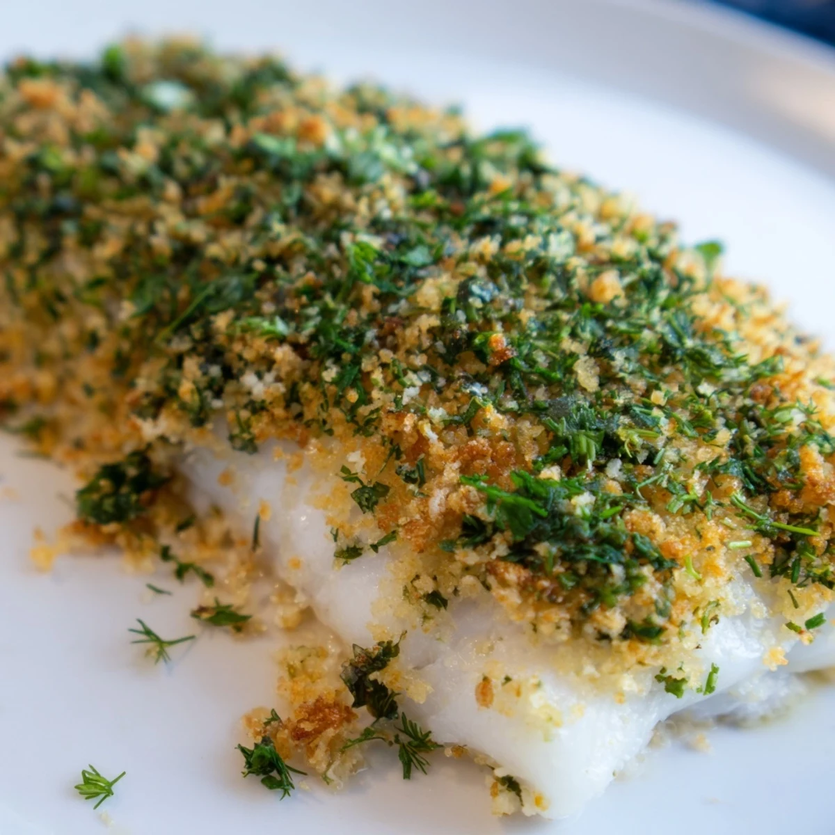 A single serving of crispy Baked Cod with Lemon Herb Panko Breadcrumbs paired with a colorful side salad on a white plate.