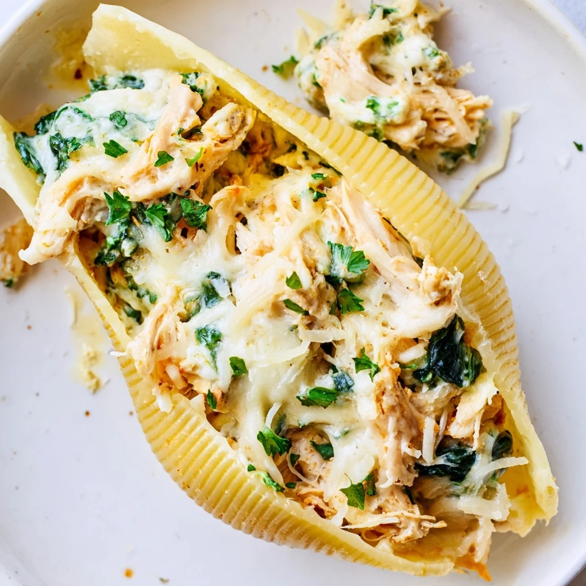 Hearty Italian-American dinner with cheesy stuffed shells, parsley garnish, and a side salad.