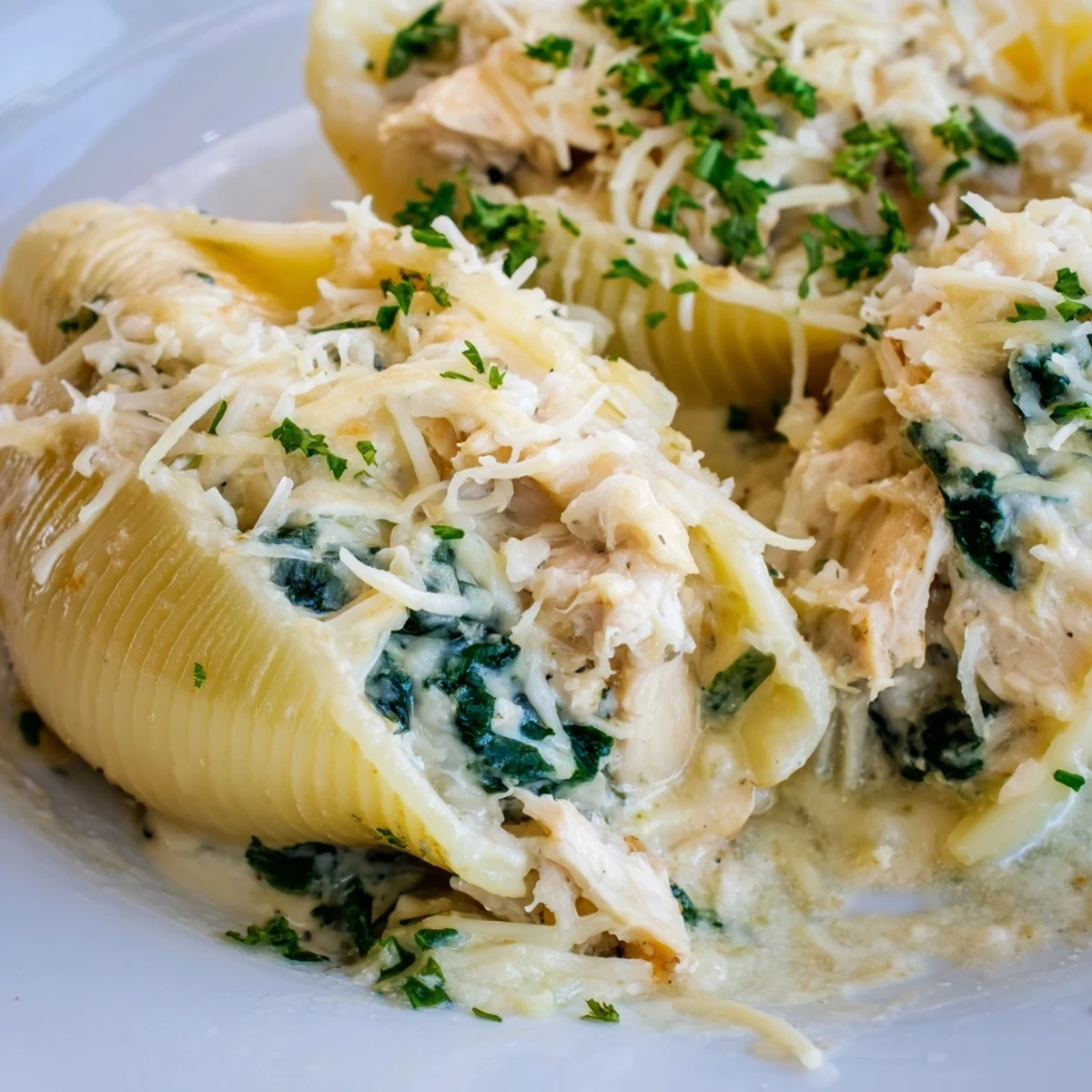 Creamy ricotta and spinach stuffed jumbo pasta shells coated in rich Alfredo sauce.