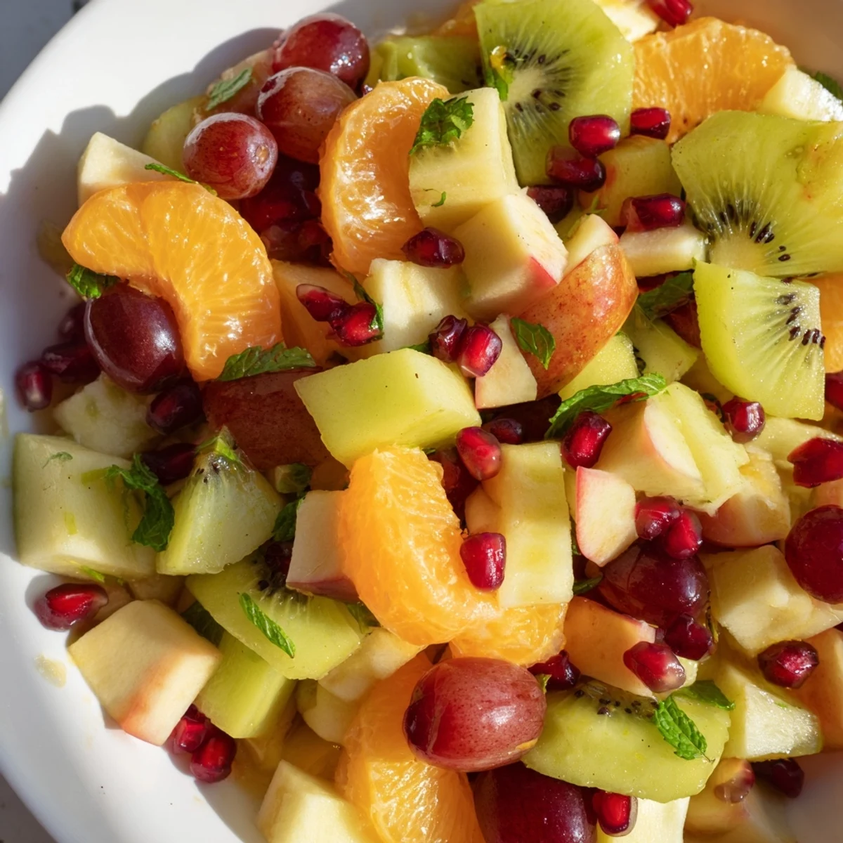 Brightly colored winter fruit salad with honey-lime-mint dressing in a white bowl, topped with fresh mint leaves.