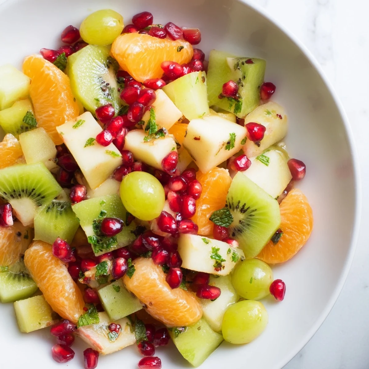Freshly tossed Winter Fruit Salad with honey-lime-mint dressing, featuring sliced kiwis, orange segments, and pomegranate arils.