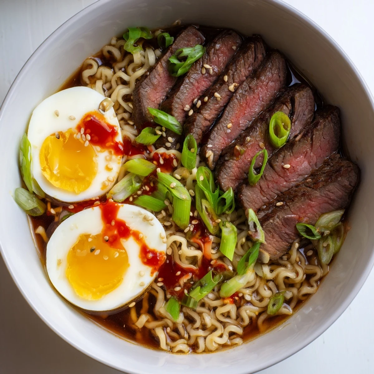 Steaming bowls of Spicy Beef Ramen with Soft Boiled Egg and Scallions feature tender beef slices and silky noodles.