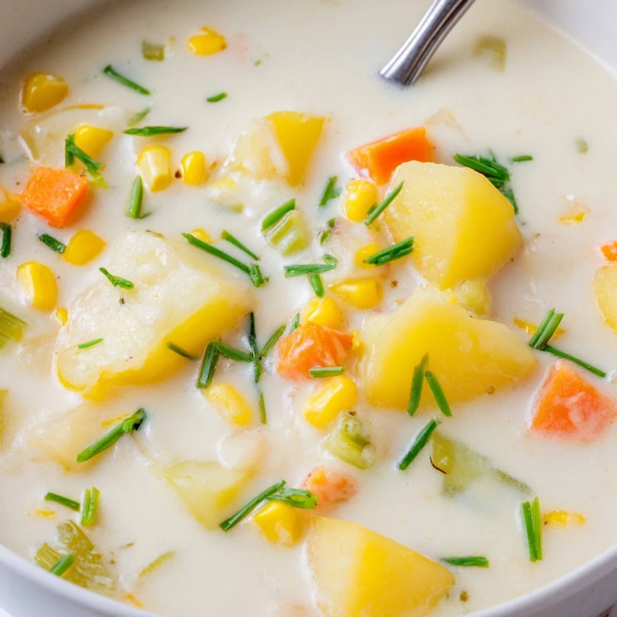 Creamy Chowder with Corn and Potato steaming in a bowl with chives on top.