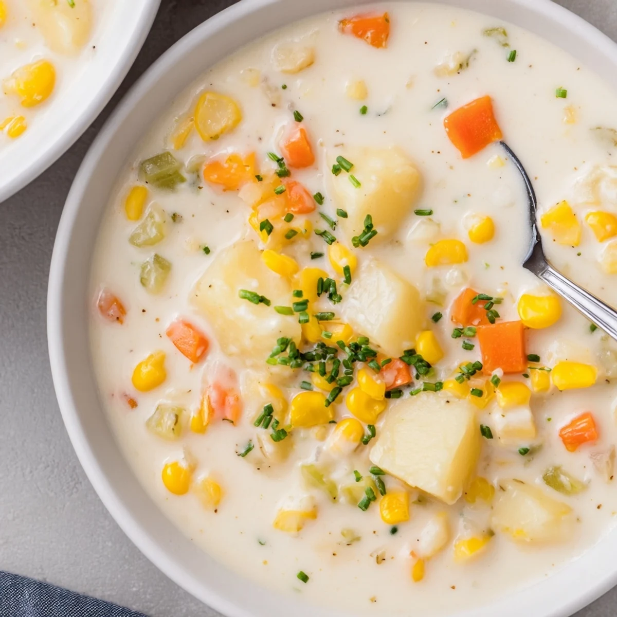 Creamy Chowder with Corn and Potato in a rustic pot, garnished with chives and bacon.