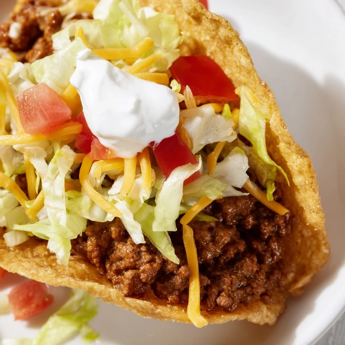 Freshly baked hard taco shells are filled with savory seasoned ground beef, shredded lettuce, diced tomatoes, and melted cheddar cheese for Taco Night.