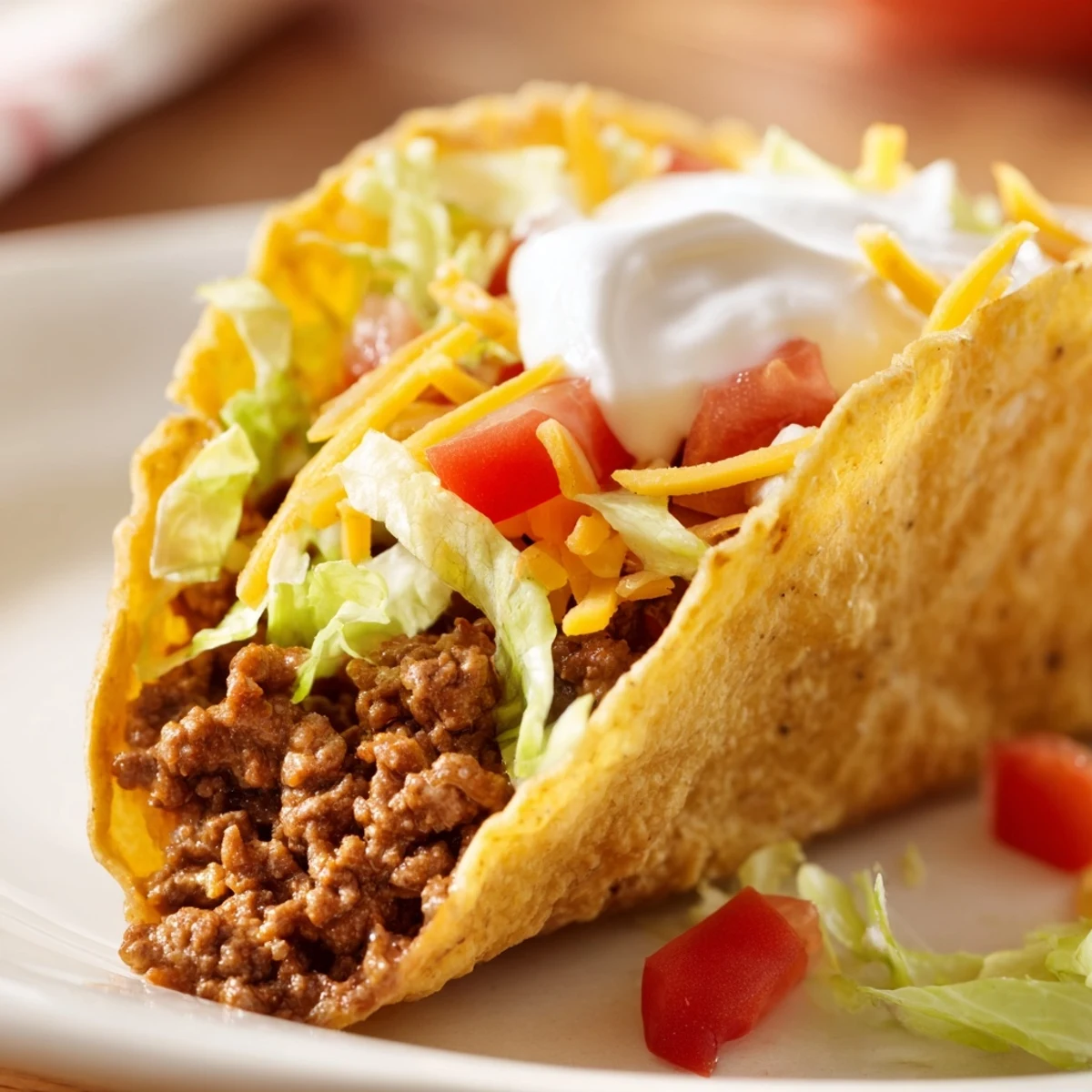 Golden crunchy taco shells are stuffed with juicy beef filling and topped with sour cream and jalapeños for a zesty family dinner.
