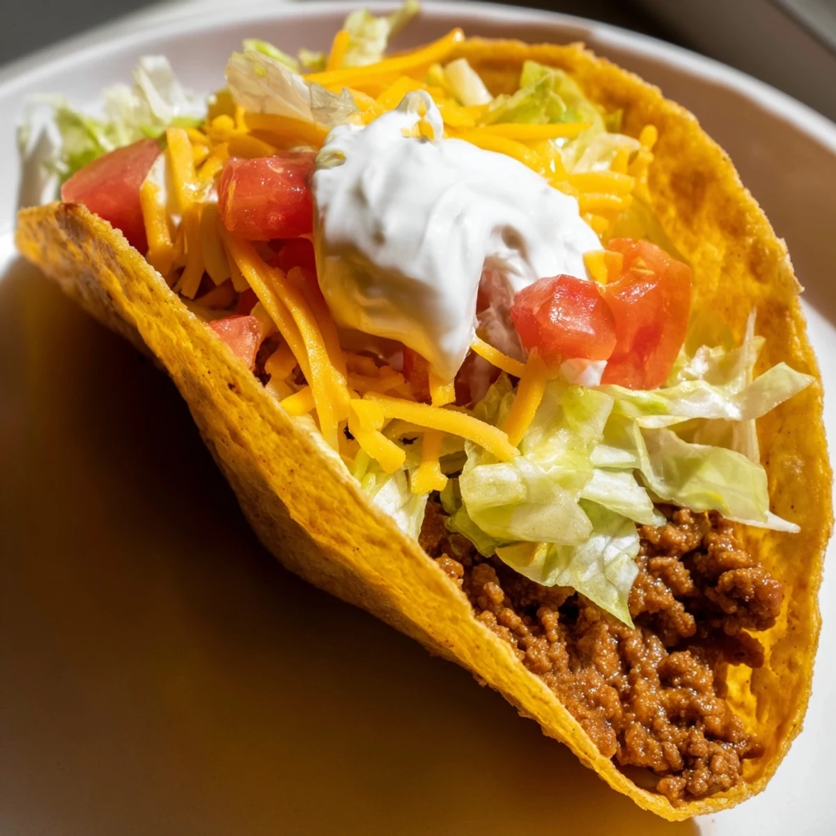 Crunchy hard shells are loaded with spiced ground beef, crisp lettuce, fresh tomatoes, and cheddar, served with lime wedges on the side.