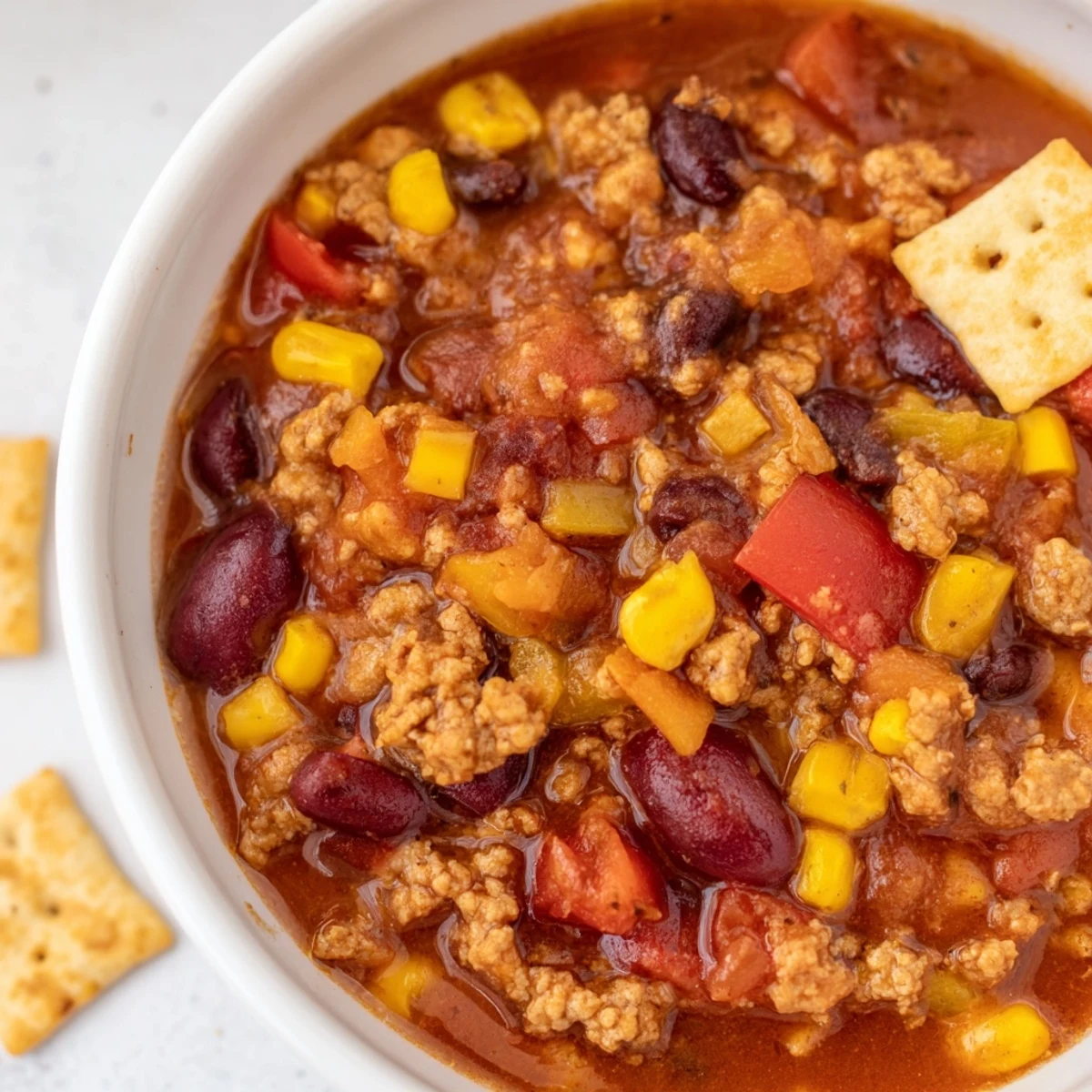 A steaming bowl of Turkey Chili Bowl with Crackers features hearty turkey, beans, and a rich, spiced tomato broth.