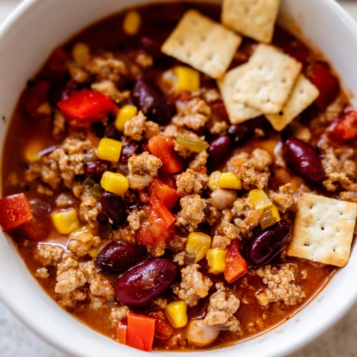Spoon lifted from a Turkey Chili Bowl with Crackers, revealing tender ground turkey, red beans, and corn kernels.