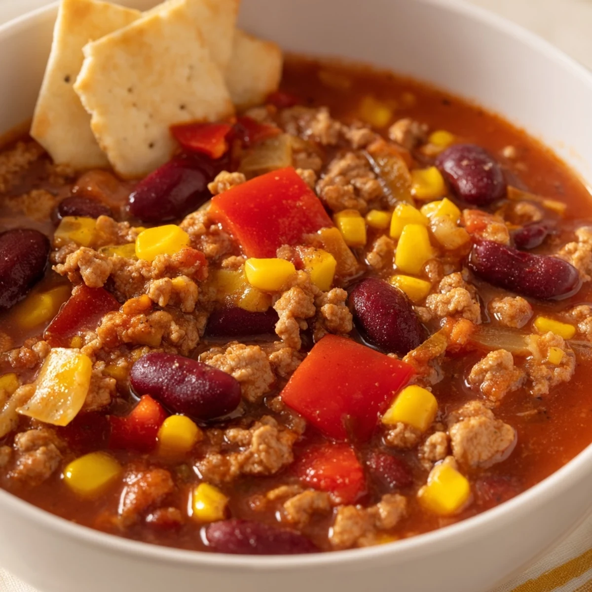Turkey Chili Bowl with Crackers served next to crisp, golden crackers on a rustic table, perfect for a weeknight.