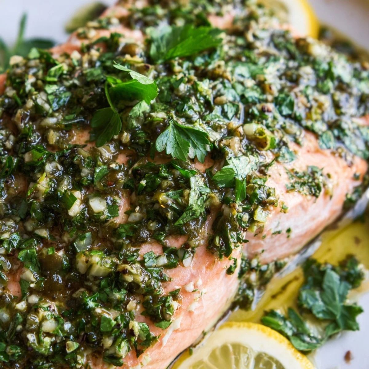 Golden-baked salmon with a zesty herb salsa verde, flaky and moist, served alongside roasted potatoes and steamed green beans.
