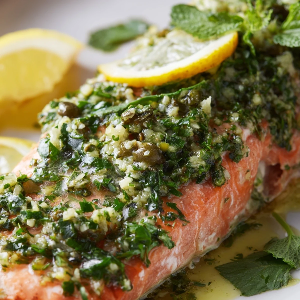 Freshly baked salmon fillets topped with vibrant green salsa verde, served on a white plate with lemon wedges. Perfect for a quick, healthy dinner.