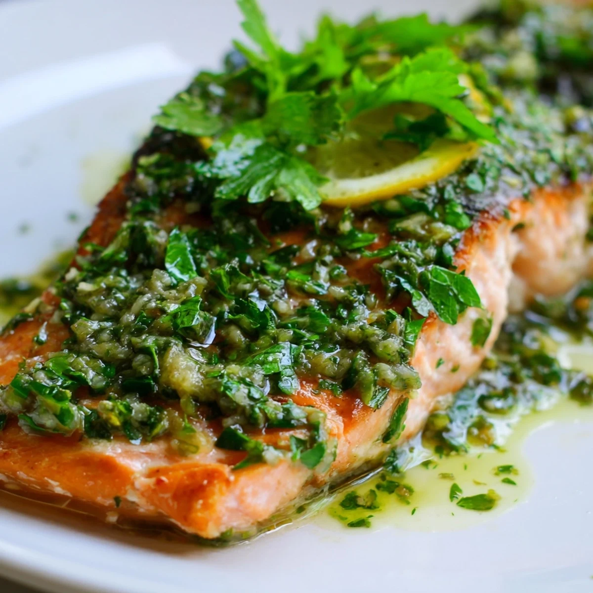 Tender baked salmon fillet with a bright, zesty salsa verde garnish, ready to serve for an easy, elegant Mediterranean meal.