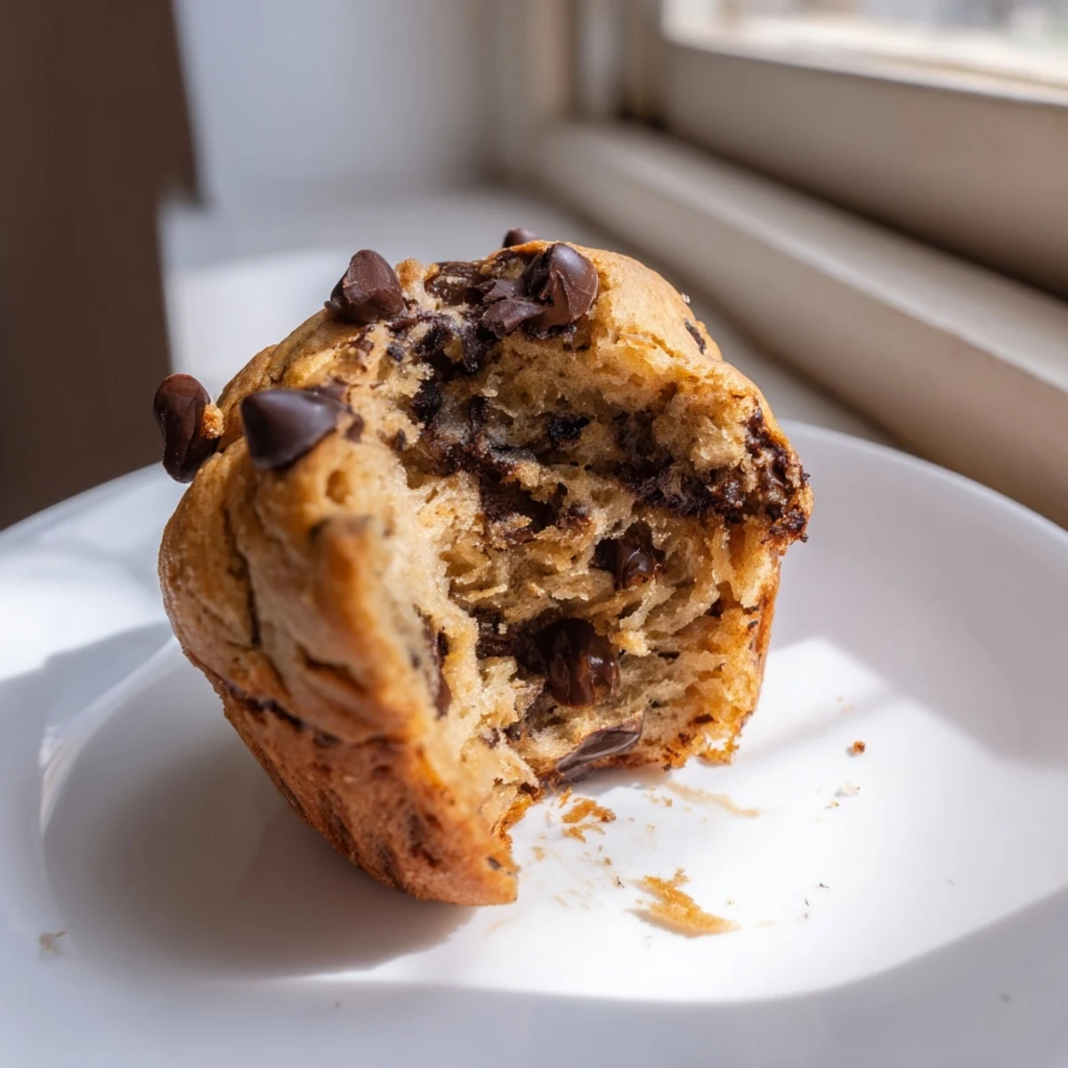 A close-up view of a freshly baked Chocolate Banana Muffin, cut in half to reveal its moist, fluffy interior studded with rich chocolate chunks.  