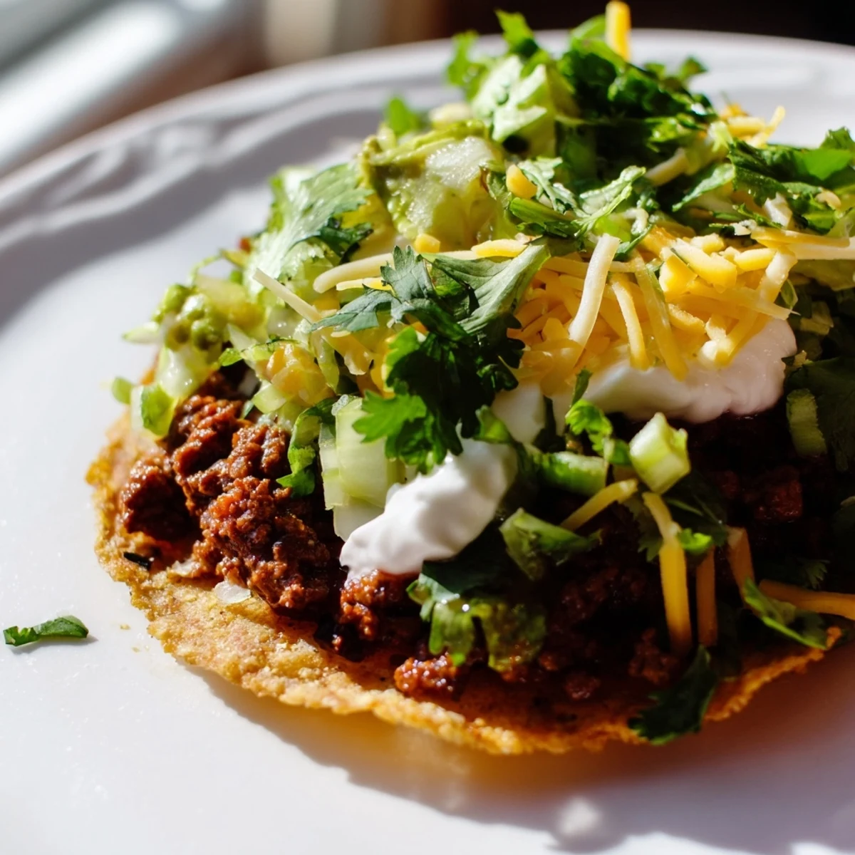 Golden, crispy corn tortillas loaded with savory seasoned ground beef, fresh shredded lettuce, and creamy sour cream for a vibrant beef tostadas dinner.