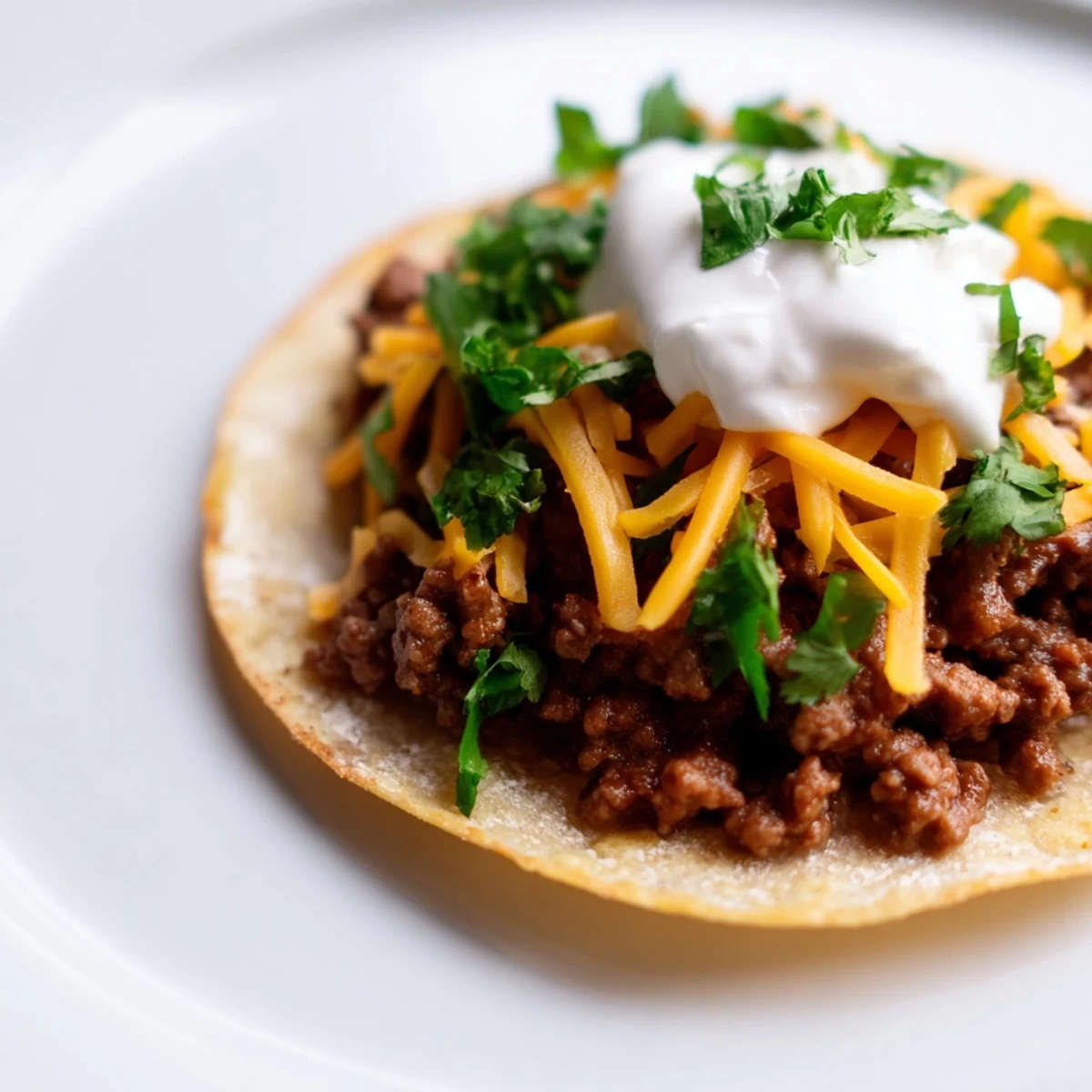Freshly baked beef tostadas featuring a hearty mixture of spiced ground beef, olives, and cool sour cream on a crunchy base.
