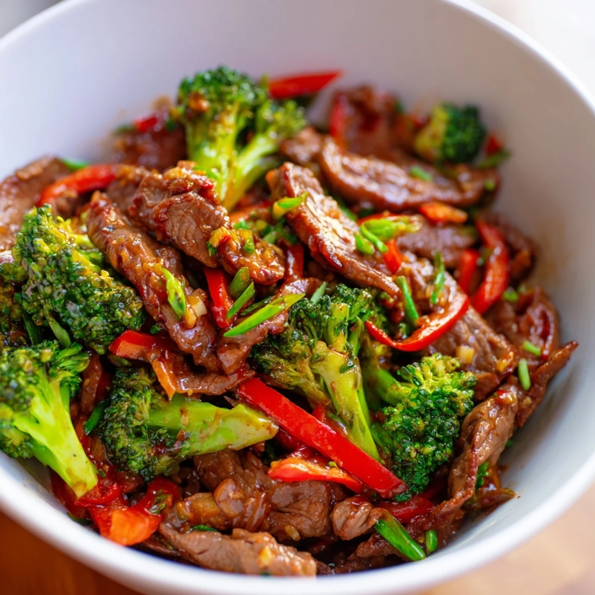 Tender beef and vibrant red bell peppers mingle with broccoli in a zesty, aromatic stir fry, highlighting the hearty texture and bold flavors of this Spicy Beef Stir Fry with Broccoli.